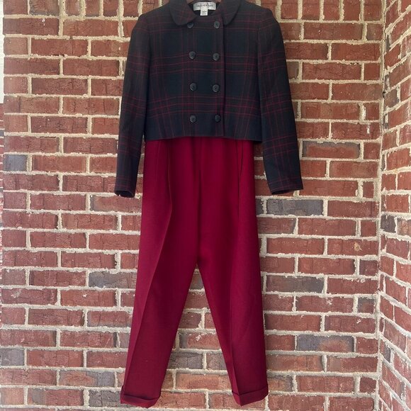 Jones New York Pants - Jones New York Maroon Black Plaid Pant Suit Wool Jacket 4 Pants 6 Academia Women